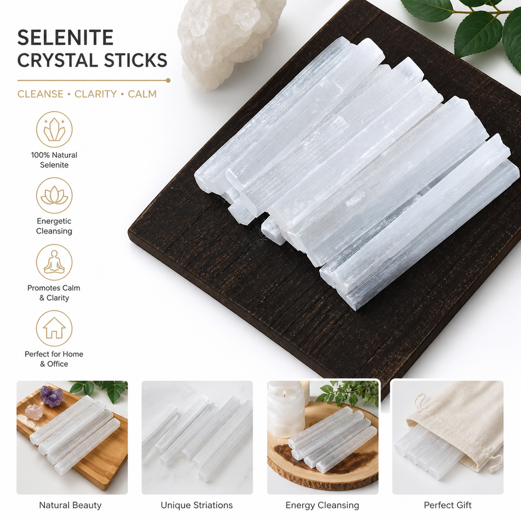 Selenite Wand Crystal — Natural Energy Cleansing Tool for Chakra Clearing & Meditation, Morocco | Polar Star Crystals